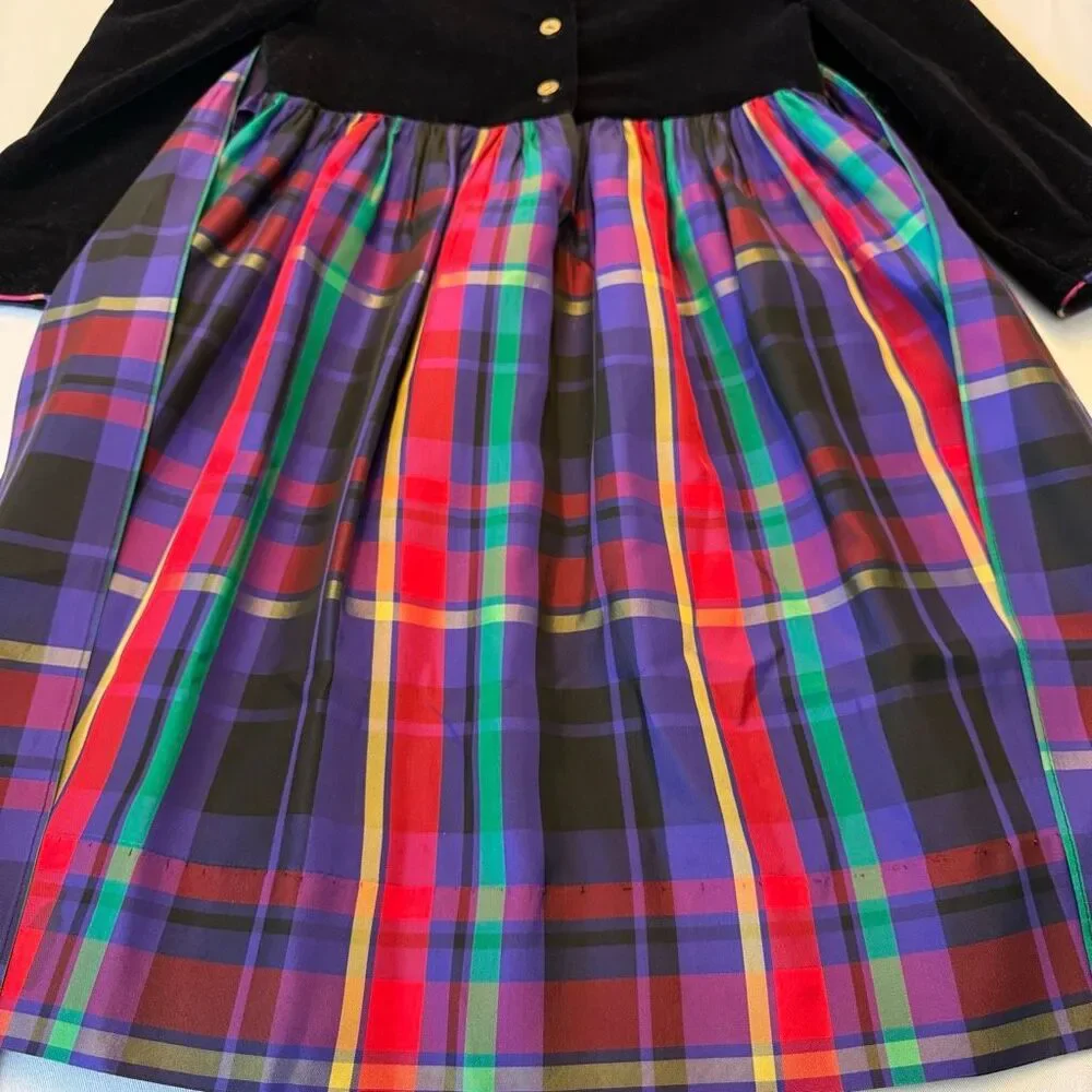 Vintage Polly Flinders | Velvet & Plaid Holiday Dress | Gold Button Back | Girls